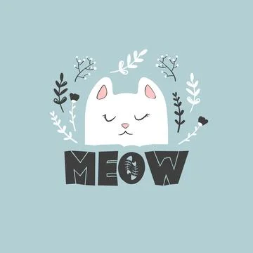 Vector illustration with cartoon hand drawn cat face, lettering meow, flowe.. Stock Illustration