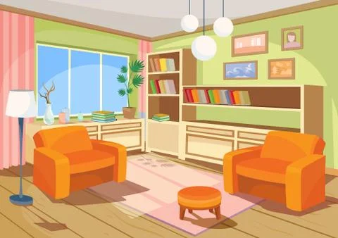 Vector illustration of a cartoon interior of an orange home room, a living room Stock Illustration