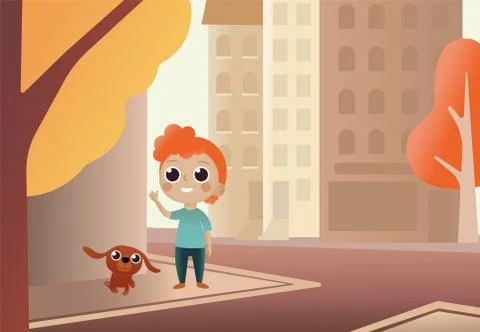 Vector Illustration Cartoon Little Dog and Boy.Kid walk dog along city street Illustrazione stock