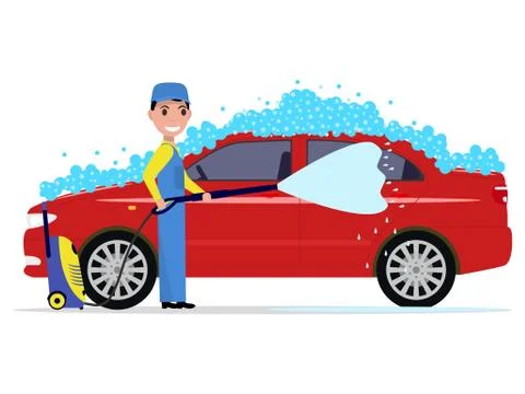 Vector illustration of a cartoon man washes a car Stock Illustration