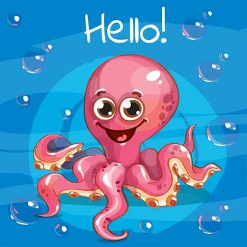 Vector illustration of cartoon octopus. Hello. Stock Illustration