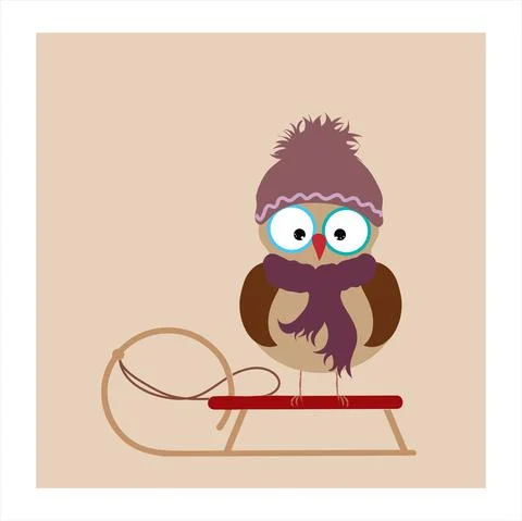 Vector illustration of cartoon owl with sledge. Symbol winter and funny. Stock Illustration
