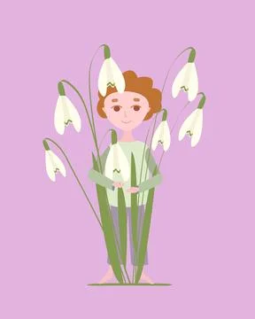 Vector illustration in cartoon style. A boy holds a bouquet of snowdrops on.. Stock Illustration