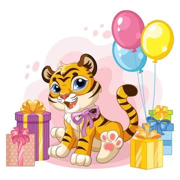 Vector illustration cartoon tiger with present boxes Illustrazione stock