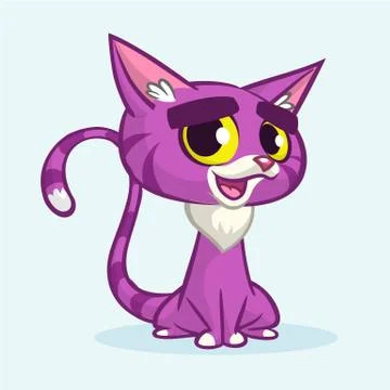 Vector illustration of cartoon violet kitty. Cute purple stripped cat with a  Stock Illustration
