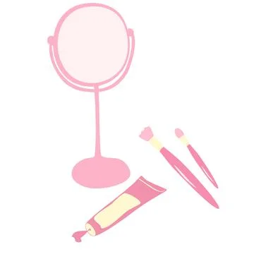 Vector illustration of a cartoon woman's mirror. Makeup brushes and cream. Ha Stock Illustration