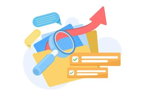 Vector illustration of case study concept. Researching facts, analyzing data. 스톡 일러스트