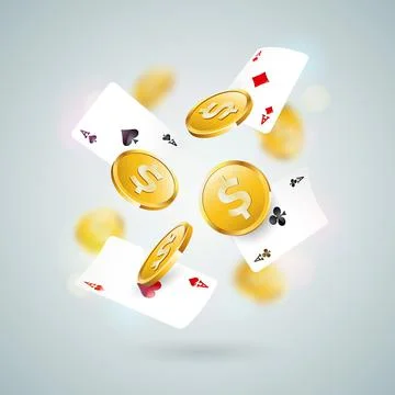 Vector Illustration on a Casino Theme with Falling Poker Cards and Gold Coin on Stock Illustration