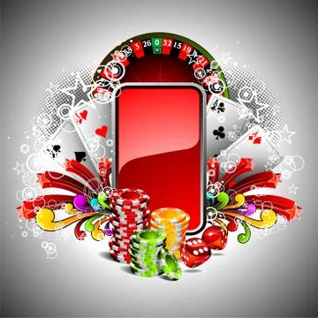 Vector illustration on a casino theme with roulette whell, playing cards and  Stock Illustration