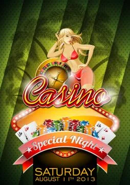 Vector illustration on a casino theme with roulette wheel and ribbon Stock Illustration