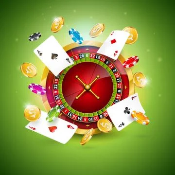 Vector illustration on a casino theme with roulette wheel, poker cards and Illustrazione stock