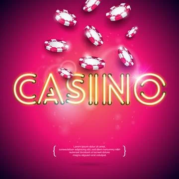 Vector illustration on a casino theme with shiny neon light letter and falling Stock Illustration