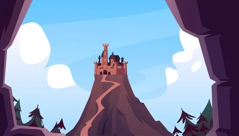 Vector illustration of a castle located on a hill surrounded by trees and rocks Stock Illustration