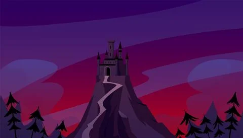 Vector illustration of a castle on a mountain with a dark forest and night sky. Stock Illustration