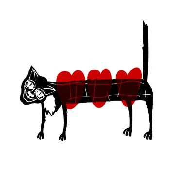 Vector illustration of a cat drawn by hand with three hearts. Stock Illustration