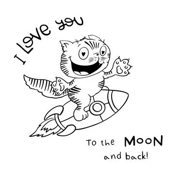 Vector illustration of a cat flying on a rocket and the phrase I love you to the Stock Illustration