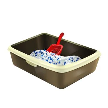 Vector illustration, cat litter box with silica gel and scoop Stock Illustration