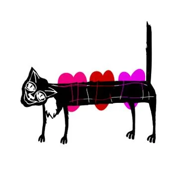 Vector illustration of a cat with three red pink hearts. Stock Illustration
