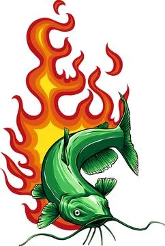 Vector illustration of Catfish with flames on white background Stock Illustration