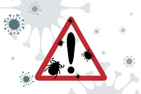 Vector illustration caution tick on background with spreading bacteria. Symbo Stock Illustration