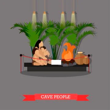 Vector illustration of cave people exposition in museum, paleolithic era イラスト素材