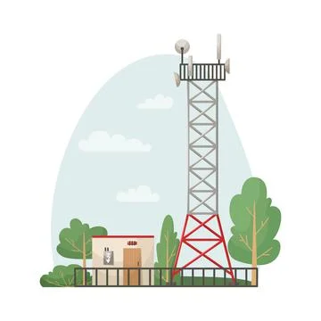 Vector illustration of a cellular communication tower standing in a forest. 5 Stock Illustration