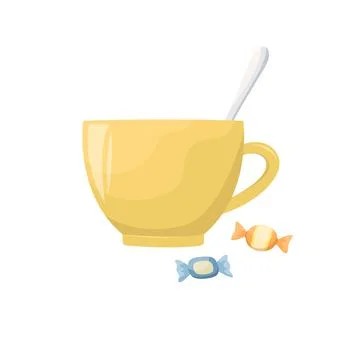 Vector illustration of a ceramic mug with a spoon and sweets. Stock Illustration