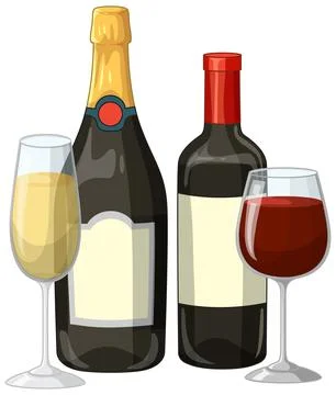 Vector Illustration of Champagne and Red Wine Bottles with Glasses Stock Illustration