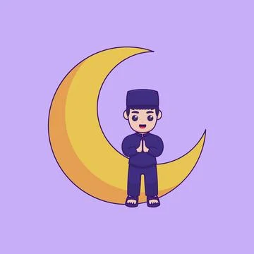 Vector illustration of a character sitting on a crescent moon and making th.. Stock Illustration