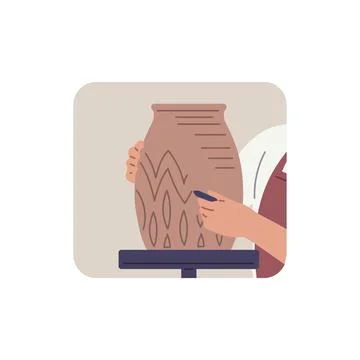 Vector illustration of a character's hands forming a pattern on a clay vase. Stock Illustration