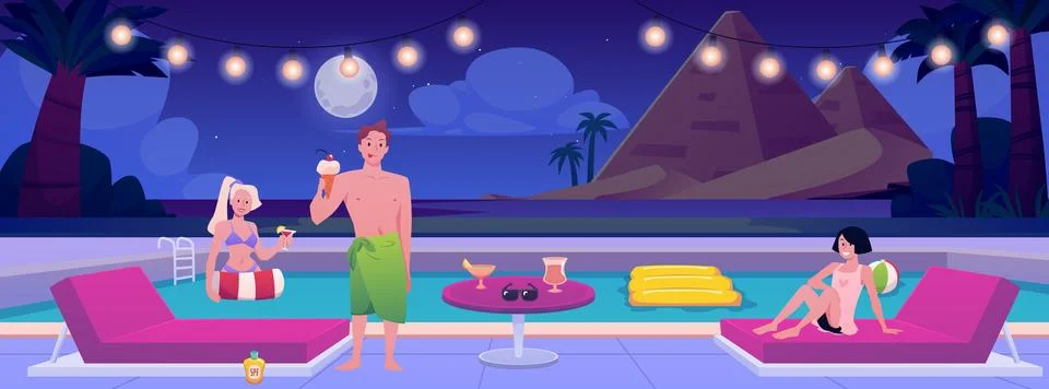 Vector illustration of characters relaxing by the pool with night view of b.. Stock Illustration