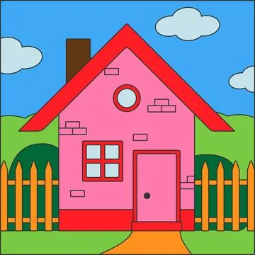 Vector illustration of a charming pink house with a bright red roof. Stock Illustration