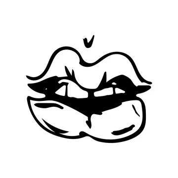 Vector illustration of cheeky lips contour with teeth. Black and white. Hand Illustrazione stock