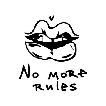 Vector illustration of cheeky lips with teeth with the inscription No more rules Illustrazione stock