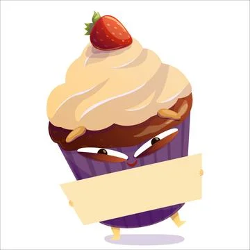 Vector illustration of a cheerful cake holding a sign. Cake, character, sign Stock Illustration