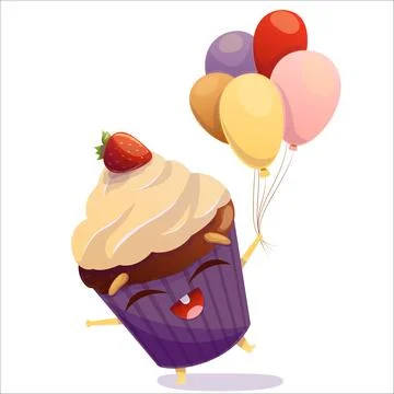 Vector illustration of a cheerful cake holding balloons. Cake, character Stock Illustration