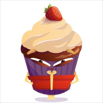 Vector illustration of a cheerful cake holding a gift. Cake, character, gift Stock Illustration