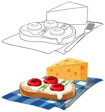 Vector Illustration of Cheese Toast with Tomatoes and Swiss Cheese Wedge Ilustración de archivo