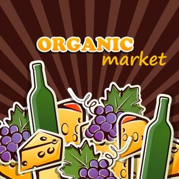 Vector illustration of cheese, wine and grapes. organic food concept Stock Illustration