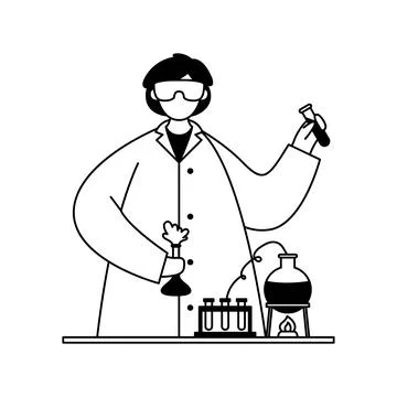 Vector illustration of a chemist in a white coat with test tubes and flasks.  Stock Illustration