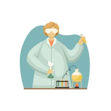 Vector illustration of a chemist in a white coat with test tubes and flasks.  Stock Illustration
