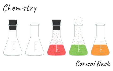 Vector illustration. Chemistry. Conical flasks with solutions. Иллюстрация