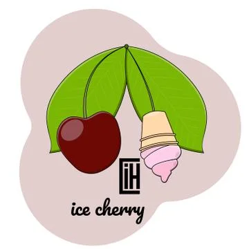 Vector illustration cherry with ice cream in a cup on a handle and with leave Stock Illustration