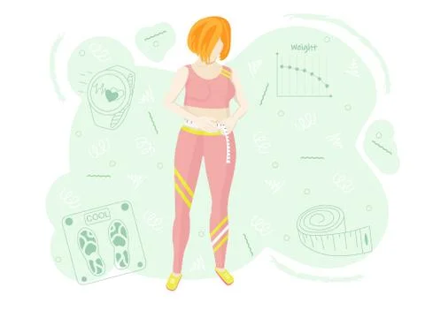 Vector illustration of a chewing gum that is losing weight. The girl measures Illustrazione stock