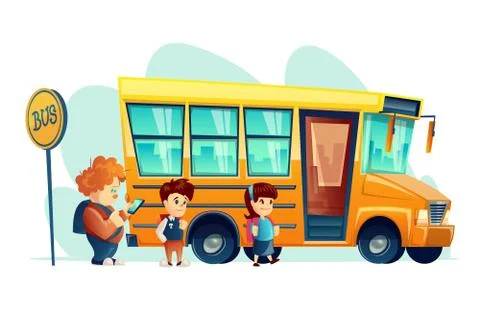 Vector illustration of children get on school bus on the stop sign Stock-Illustration