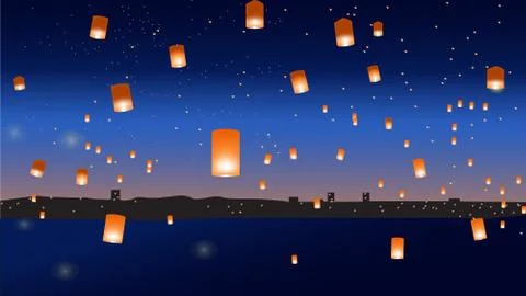 Vector illustration with chinese lanterns over the city Stock Illustration
