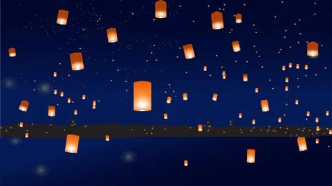 Vector illustration with chinese lanterns over the city Stock Illustration