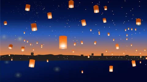 Vector illustration with chinese lanterns over the city Stock Illustration