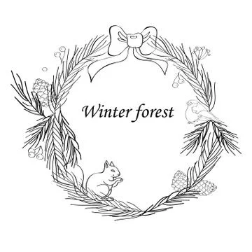 Vector illustration, Christmas frame with forest and celebratory elements. Br Stock Illustration
