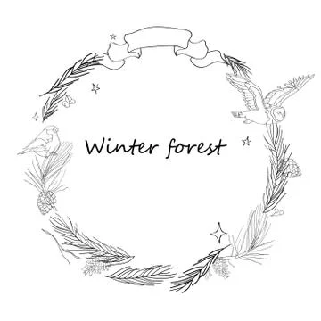 Vector illustration, Christmas frame with forest and celebratory elements Stock Illustration